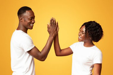 Neşeli Afro-Amerikalı genç adam ve kadın turuncu stüdyo arka planında beşlik çakarak birbirlerini selamlıyorlar, panorama. Pozitif siyah aşıklar zaferi kutluyor, birbirlerine beşlik çakıyorlar.