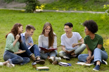 Öğrenme Konsepti. Bir grup üniversite arkadaşı açık hava derslerine hazırlanıyor, parkta çimlerde oturuyor, birlikte ders çalışıyorlar.
