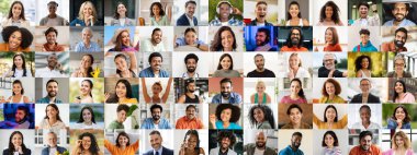 Canlı bir gülen yüz koleksiyonu çeşitlilik ve dostluk sergiliyor. Çeşitli geçmişlerden insanlar birlikte gülümserler, neşeli bir atmosferde birliğin altını çizerler..