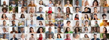 Çeşitli geçmişlerden gelen çeşitli mutlu bireyleri gösteren canlı bir kolaj. Gülümsüyor ve bağlanıyorlar, canlı bir ortamda pozitifliği ve birlikteliği somutlaştırıyorlar..