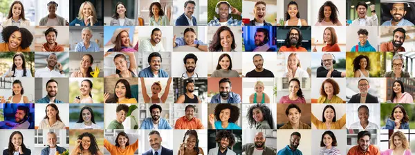 Canlı bir gülen yüz koleksiyonu çeşitlilik ve dostluk sergiliyor. Çeşitli geçmişlerden insanlar birlikte gülümserler, neşeli bir atmosferde birliğin altını çizerler..