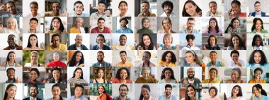 Bu canlı kolaj, farklı geçmişlerden gelen farklı insanların benzersiz tarzlarını sergileyerek gülümsemelerini içeriyor. Neşeli ifadeler bir topluluk hissini ve kapsayıcılığı yansıtır..