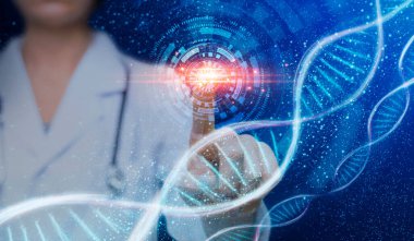 Genetik bilimi ve tıp. Kadın doktorlar, DNA molekülleri ve kolaj ile sanal ekrana dokunuyor. Panorama