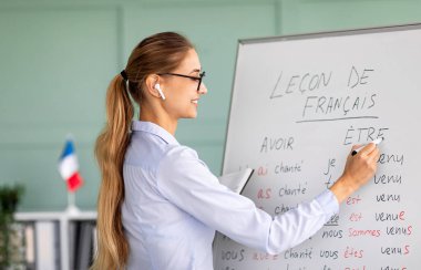 Uzaktan eğitim ve özel ders kavramı. Online Fransızca dersi sırasında beyaz tahtaya dil bilgisi yazan kadın öğretmen, web 'de yabancı dil öğreten mutlu öğretmen