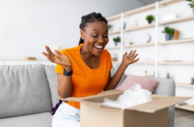 Tatmin olmuş siyah kadın müşteri karton kutuyu açıyor, harika teslimat servisi için heyecanlanıyor, evde online alışveriş siparişi alıyor. Genç Afrikalı Amerikalı bayan oturma odasında paketleri açıyor.