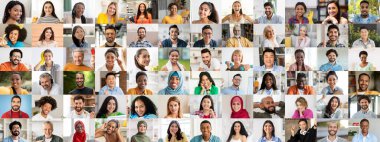 Çeşitli arka planlardan çeşitli bireylerin neşeyle gülümsediği canlı bir kolaj. Bu birlik ve mutluluk kutlaması onların zengin kültürel halılarını vurguluyor..