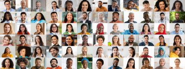 Bu kolaj, mutluluk ve neşeyi ifade eden farklı bir grup insanı gösteriyor..