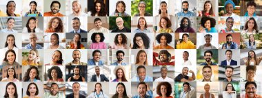 Bu canlı kolaj çeşitli etnik geçmişlerden gelen çeşitli mutlu bireyleri gösteriyor. Her yüz neşe ve bağlantıyı ifade eder, günlük hayatta çok ırklı birliğin güzelliğini vurgular..