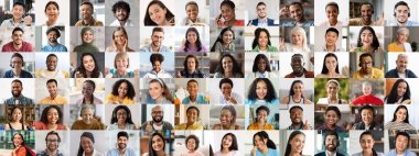 Çeşitli geçmişlerden, neşe ve birliği temsil eden gülümseyen yüzlerden oluşan canlı bir koleksiyon. Her insan mutluluğu ifade eder, paylaşılan bir bağ anında çeşitliliği kutlar..