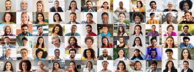 Farklı geçmişlerden gelen neşeli yüzler sergilenen canlı bir koleksiyon. Bireyler, ifadelerindeki çeşitliliğin ve çeşitliliğin güzelliğini yansıtan neşe ve bağlantıyı ifade ederler..