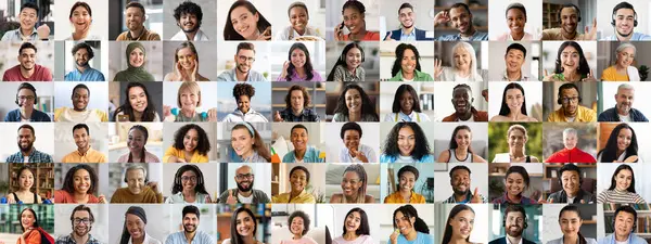 Çeşitli geçmişlerden, neşe ve birliği temsil eden gülümseyen yüzlerden oluşan canlı bir koleksiyon. Her insan mutluluğu ifade eder, paylaşılan bir bağ anında çeşitliliği kutlar..