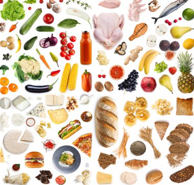 Taze et, balık, makarna, mısır ve biber, bir dilim pizza, burger ve ekmek, beyaz arka planda izole edilmiş, üst manzara. Market eşyaları seti, yemek blogu, covid-19 tecrit sırasında marketten teslimat.