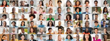 Değişik geçmiş ve kültürleri temsil eden neşeli yüzlerden oluşan canlı bir koleksiyon. Her insan gülümser ve mutluluğu ifade eder, günlük hayatta çoklu etnik ilişkilerin güzelliğini gösterir..