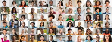 Renkli bir koleksiyonda çeşitli bireyler gülümseyip kutlama yapıyor. Her insan mutluluğunu samimi bir anda paylaşır, çeşitli kültürleri ve geçmişleri yansıtır, birliği teşvik eder..