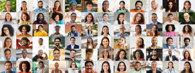 Canlı bir kolaj, çeşitli arka planlardan mutlu, gülen yüzler, çeşitli günlük ortamlarda birlik ve çeşitliliği kutlar. Her portre neşeyi ve bireyselliği yansıtır..