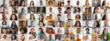 Canlı bir portre koleksiyonu, çeşitli bireylerin neşe ve bağlantı ifadelerini sergiliyor. Her yüz eşsiz bir geçmişi ve hikâyeyi temsil eder, birlikte geçen hayatları kutlar..