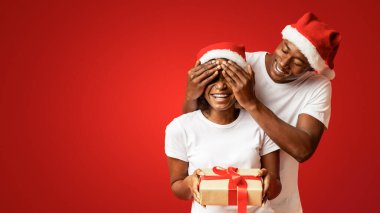 Noel Baba şapkalı Afrikalı Amerikalı adam kız arkadaşının gözlerini kapatıyor, ona yeni yıl hediyesi veriyor. Zenci adam, sevgili karısına xmas sürprizi yapıyor. Kadın hediye alıyor, turuncu stüdyo geçmişi var.