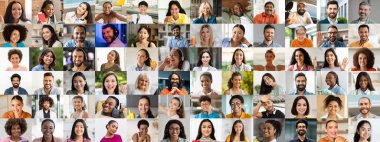 Neşe ve bağlantı gösteren farklı bireylerden oluşan canlı bir kolaj. Her gülen yüz eşsiz bir arkaplanı yansıtır, günlük hayatta çeşitliliğin ve topluluğun güzelliğini vurgular..