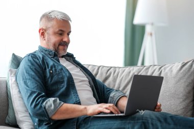 Oturma odasındaki kanepede dinlenirken dizüstü bilgisayar kullanan neşeli, orta yaşlı, kır saçlı bir adam. Yakışıklı, olgun bir adam internette blog okuyor, sohbet ediyor, internette sörf yapıyor.