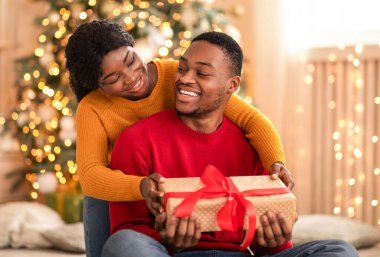 Birlikte tatiller, covid-19 salgını, yeni yıl hediyesi ve noel arifesi. Gülen Afrikalı Amerikalı kadın adama sarılıyor ve oturma odasında kurdeleyle hediye veriyor ağaç ve çelenklerle iç mekanlar, serbest alan.