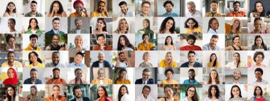 Canlı bir kolajda farklı etnik geçmişlere sahip, gülümseyen ve neşe ifade eden farklı bir grup insan sergileniyor. Her yüz benzersiz bir yaşam tarzını ve bağlantıyı temsil ediyor, birliği kutluyor..