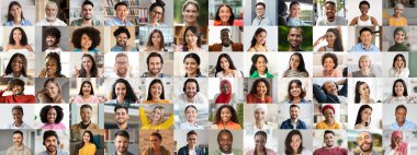 Bu renkli kolaj, çeşitli geçmişlerden mutlu bireyleri, canlı ve kapsayıcı bir ortamda gülümsemelerini ve ifadelerini göstererek, çeşitlilikteki birliği temsil ediyor..