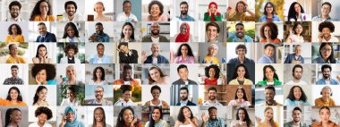 Farklı geçmişlerden gelen mutlu yüzlerin renkli bir koleksiyonu çeşitlilikteki birliği gösteriyor. Her insan pozitif enerji yayar, canlı bir atmosferde çoklu etnik uyumu kutlar..