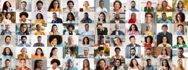 Canlı bir kolaj, çeşitli mutlu bireyleri içerir. Her portre benzersiz geçmişlerini ve neşeli ifadelerini gösteriyor, çeşitlilik ve bağlantı kutlamalarını yansıtıyor..