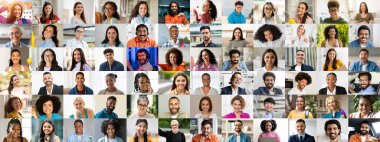 Bir koleksiyonda çeşitli geçmişlerden gelen çeşitli neşeli ve gülen yüzler sergileniyor. Bu portre kolajı, günlük hayatta çeşitliliği ve beraberliğin güzelliğini ön plana çıkarıyor..