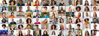 Canlı bir kolaj, çeşitli geçmişlerden neşeli bir grup insanı gülümsemelerini ve pozitif enerjilerini paylaşarak gösteriyor..