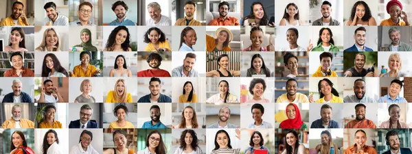 Çeşitli bireylerden oluşan canlı bir koleksiyon renkli portreler serisinde neşeli ifadeleriyle mutluluğu sergiliyor. Bu kolaj çeşitliliği ve kutlamayı temsil ediyor..