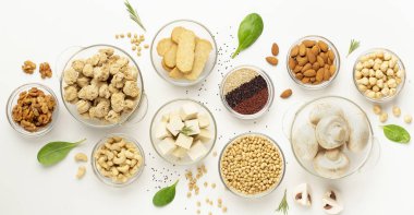 Alternatif beslenme. Soya ürünleri, fındıklar, süper yiyecekler ve mantarlar, panorama