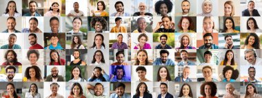 Canlı bir kolajda çeşitli geçmişlerden neşeli bireyler sergileniyor. Her yüz mutluluk saçıyor, modern toplumdaki çeşitliliğin güzelliğini yansıtıyor..