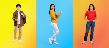 Üç neşeli birey parlak, renkli geçmişlerine karşı duruyor, neşe ve çeşitliliklerini sergiliyorlar..