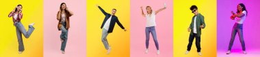 Çeşitli bireyler neşe içinde dans ediyor ve renkli pozlar veriyorlar. İfadeleri mutluluk ve neşe verir.