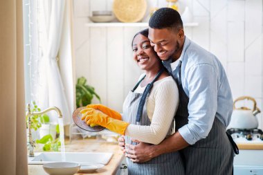 Yakışıklı siyahi adam, kız arkadaşı evde bulaşık yıkarken ona sarılıyor. Afro-Amerikan çiftleri sever ev işlerini yapar, evlerini temiz ve düzenli tutarlar.