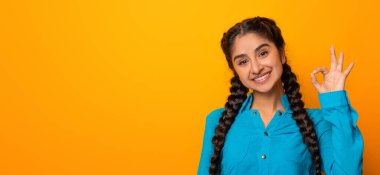 İyiyim, aferin sana. Uzun örgülü mutlu Hintli kadın portresi el ve parmaklarıyla iyi bir jest yapıyor, gülümsüyor, onayını gösteriyor, sarı stüdyo arka planında izole edilmiş. Bayan iyidir.