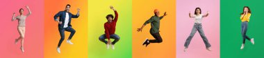 Canlı bir kolaj, mutluluk ve enerjiyi neşeli atlayışlarla ifade eden çok ırklı bireyleri içerir. Renkli arkaplan, yaşam tarzında çeşitlilik ve pozitiflik temasını geliştirir.