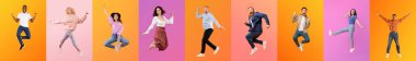 Canlı bir koleksiyonda çeşitli bireylerin renkli arka planlara karşı havaya zıplaması gösteriliyor. Her insan, çeşitlilik ve dinamik yaşam tarzlarındaki birliği yansıtan neşe ve enerji sergiliyor..