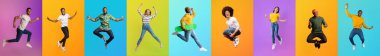 Renkli bir kolaj, renkli arka planlar üzerinden oyuncu hareketler yapan çeşitli bireyleri gösteriyor.