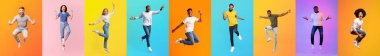 Çeşitli arka planlardan gelen bir grup birey neşeyle parlak ve renkli arkaplanlara atlıyor. Bu canlı görüntü, hareket halindeki çeşitlilik ve enerjinin güzelliğini gösteriyor..