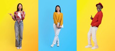 Üç farklı insan parlak sarı ve mavi arka planlara karşı duruyor, neşe ve canlılıklarını ifade ediyorlar. Duruşları, çok ırklı birlik ve tarzı kutlayan canlı ve kapsayıcı bir atmosferi yansıtıyor..