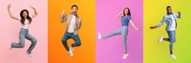 Renkli arka planlara sevinçle zıplayan dört kişiyi gösteren canlı bir koleksiyon. Her insan neşeli ve hayat dolu bir atmosferde eşsiz mutluluk ifadeleri sergiler..