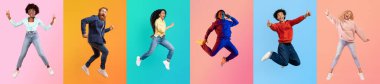 Renkli geçmişlere karşı enerjik pozlar veren çeşitli bireylerden oluşan bir grup. Her insan kendine özgü stilleri ifade eder ve hareket yoluyla çeşitliliğin güzelliğini kucaklar..