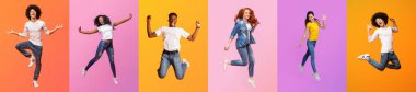 Canlı turuncu ve pembe arka planlara karşı atlarken neşeli enerji ve heyecan sergileyen çeşitli bireylerden oluşan bir derleme. Grup, çeşitli geçmiş ve yaşam tarzlarını temsil etmektedir..