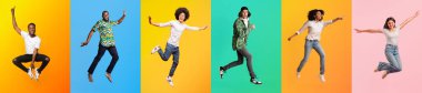 Parlak, renkli arka planlara karşı neşeli bir şekilde havada zıplayan farklı insanlardan oluşan canlı bir grup..