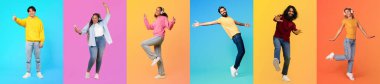 Farklı bireylerden oluşan neşeli bir koleksiyon, eşsiz stillerini parlak arka plan renklerine karşı sergileyerek tam uzunlukta çekiliyor. Her insan farklı bir yaşam tarzını ve enerjiyi temsil eder..