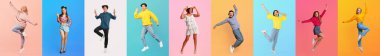 Canlı bir koleksiyonda çeşitli bireyler pastel arka planlara sevinçle zıplıyorlar. Her insan bu canlı yaşam tarzına eşsiz bir enerji ve tarz katıyor..