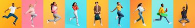 Renkli arka planlara karşı atlayan ve poz veren farklı insanların yer aldığı canlı bir kolaj..