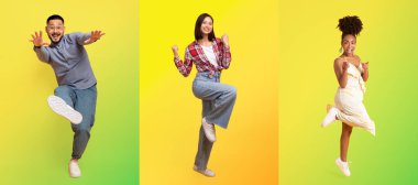 Üç farklı birey neşe ve enerjilerini parlak, renkli bir geçmişe karşı ifade ederek yaşamı kutluyorlar.